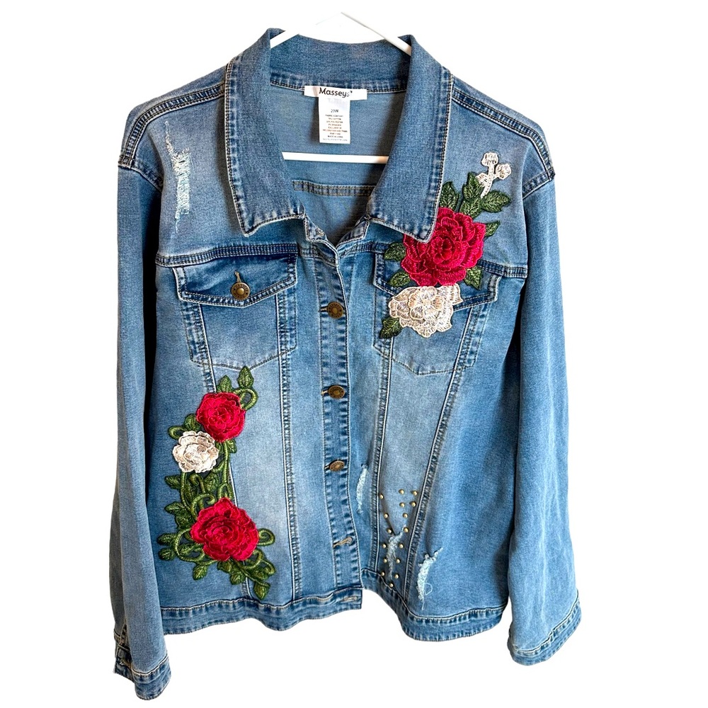 MASSEYS Denim Appliqué Jean Jacket - Floral/Roses- Distressed- Size 20W